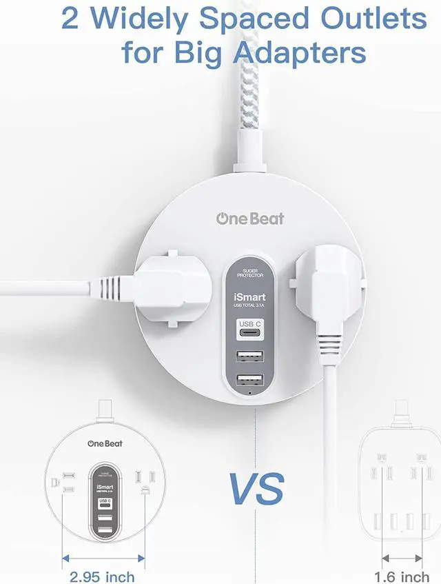 Alt view image 3 of 7 - Power Strip Surge Protector with USB C - Extension Cord Flat Plug with 2 Widely AC Outlet and 3 USB, Small Desktop Charging Station with 5 ft Power Cord, Compact for Travel, Home and Office (490J)