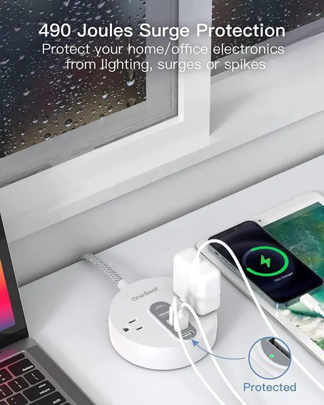Alt view image 4 of 7 - Power Strip Surge Protector with USB C - Extension Cord Flat Plug with 2 Widely AC Outlet and 3 USB, Small Desktop Charging Station with 5 ft Power Cord, Compact for Travel, Home and Office (490J)