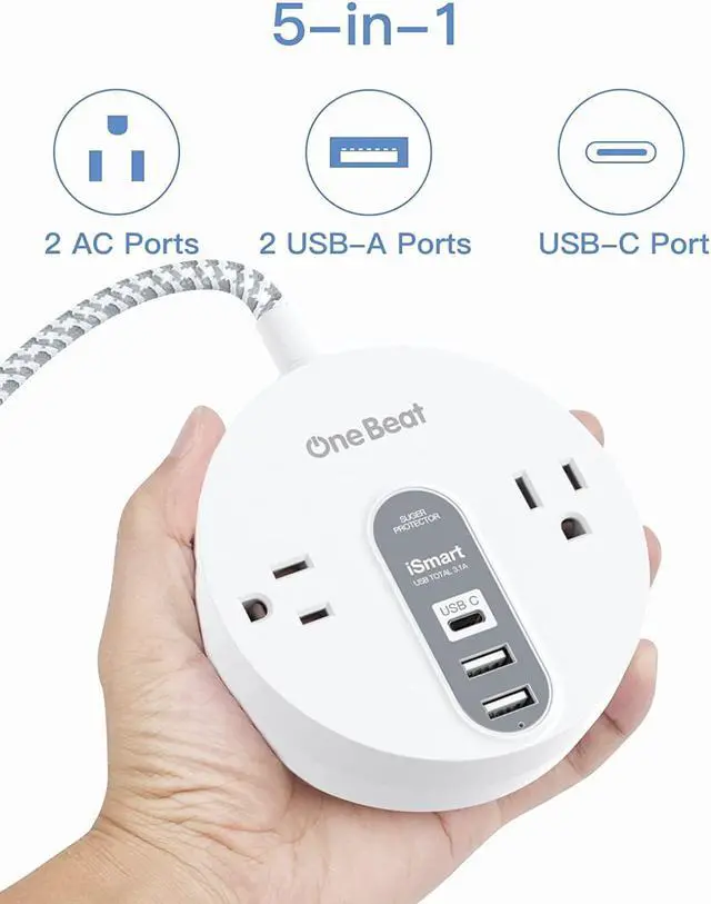 Alt view image 7 of 7 - Power Strip Surge Protector with USB C - Extension Cord Flat Plug with 2 Widely AC Outlet and 3 USB, Small Desktop Charging Station with 5 ft Power Cord, Compact for Travel, Home and Office (490J)
