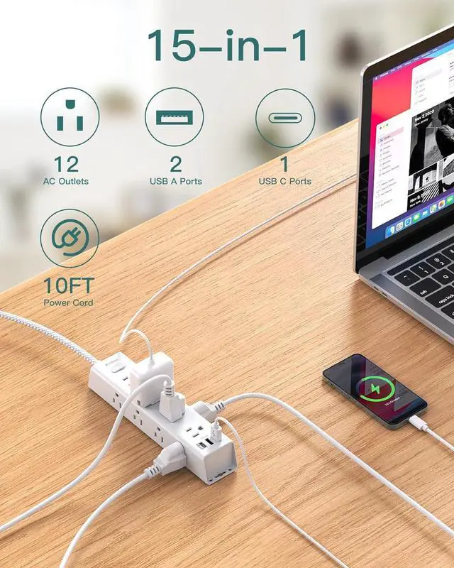 Alt view image 2 of 7 - Surge Protector Power Strip - 10 FT Extension Cord, Power Strip with 12 Widely AC Outlet 3 USB, Flat Plug, Wall Mount Overload Protection, 1050J, Desk Charging Station for Home Office, ETL Listed
