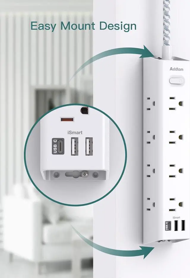 Alt view image 5 of 7 - Surge Protector Power Strip - 10 FT Extension Cord, Power Strip with 12 Widely AC Outlet 3 USB, Flat Plug, Wall Mount Overload Protection, 1050J, Desk Charging Station for Home Office, ETL Listed
