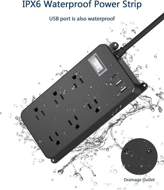 Alt view image 2 of 7 - Outdoor Power Strip Weatherproof,20W USB C Port,Waterproof Extension Cord Multiple Outlet Surge Protector,6 Outlets,3 USB Ports,6ft Cord