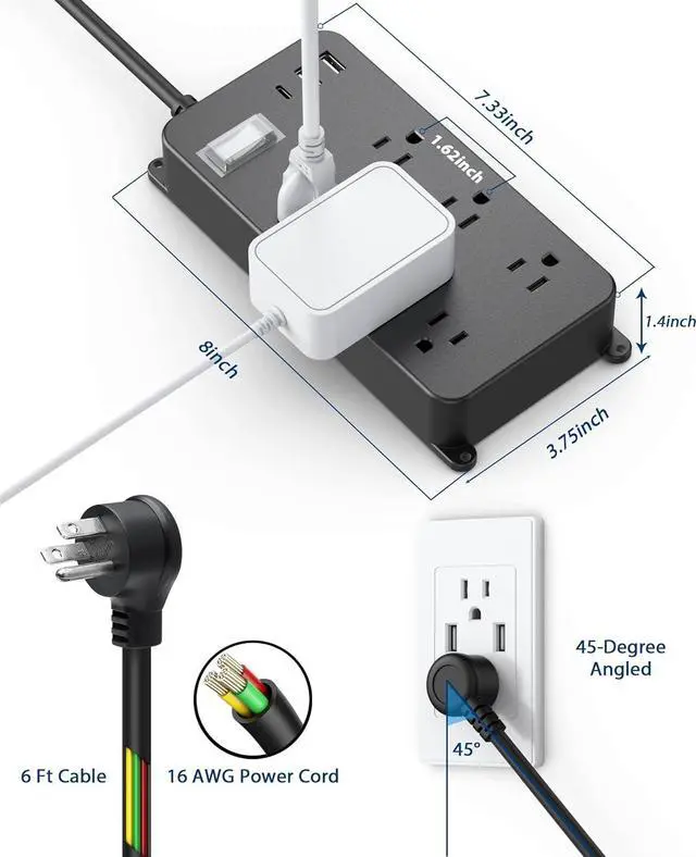 Alt view image 7 of 7 - Outdoor Power Strip Weatherproof,20W USB C Port,Waterproof Extension Cord Multiple Outlet Surge Protector,6 Outlets,3 USB Ports,6ft Cord