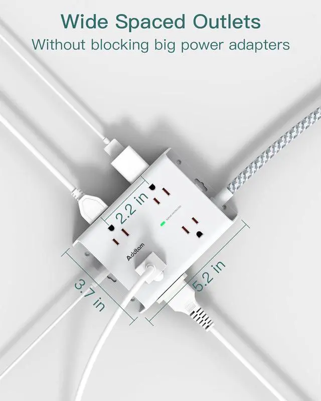 Alt view image 4 of 7 - 10Ft Long Surge Protector Power Strip, Addtam Extension Cord with 8 AC Outlets and 4 USB Ports(1 USB C), 3-Side Outlet Extender Strip, Flat Plug, Wall Mount, Dorm Home Office Essential, ETL Listed