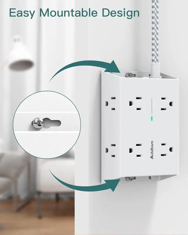 Alt view image 6 of 7 - 10Ft Long Surge Protector Power Strip, Addtam Extension Cord with 8 AC Outlets and 4 USB Ports(1 USB C), 3-Side Outlet Extender Strip, Flat Plug, Wall Mount, Dorm Home Office Essential, ETL Listed