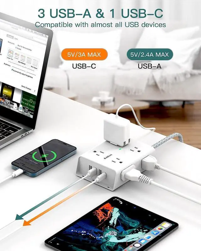 Alt view image 5 of 7 - 10Ft Long Surge Protector Power Strip, Addtam Extension Cord with 8 AC Outlets and 4 USB Ports(1 USB C), 3-Side Outlet Extender Strip, Flat Plug, Wall Mount, Dorm Home Office Essential, ETL Listed