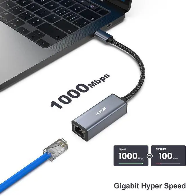 Alt view image 2 of 6 - USB-C to Ethernet Adapter, Benfei USB Type-C (Thunderbolt 3) to RJ45 Gigabit Ethernet LAN Network Adapter Compatible for MacBook Pro 2019/2018/2017, MacBook Air and More