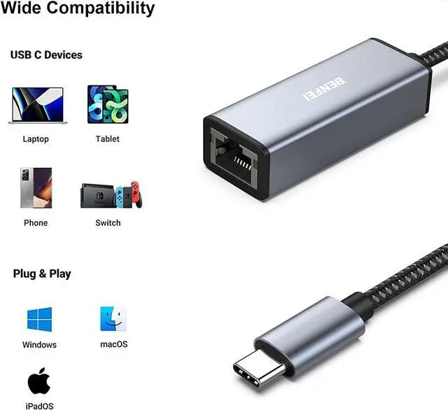 Alt view image 4 of 6 - USB-C to Ethernet Adapter, Benfei USB Type-C (Thunderbolt 3) to RJ45 Gigabit Ethernet LAN Network Adapter Compatible for MacBook Pro 2019/2018/2017, MacBook Air and More
