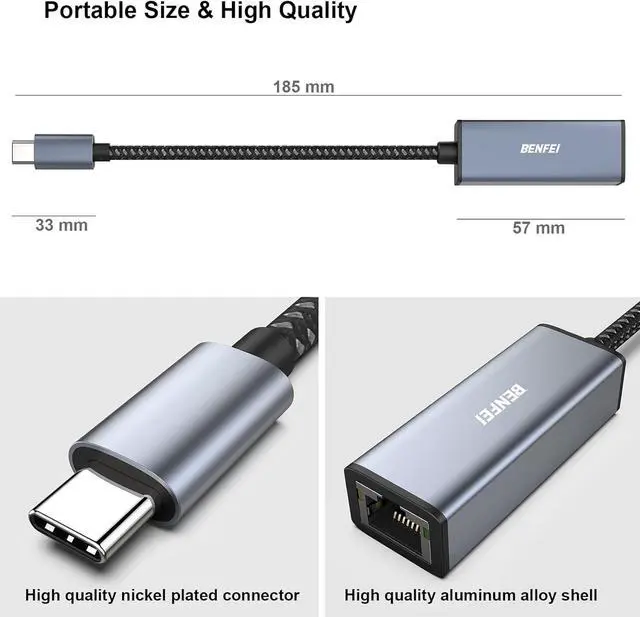 Alt view image 6 of 6 - USB-C to Ethernet Adapter, Benfei USB Type-C (Thunderbolt 3) to RJ45 Gigabit Ethernet LAN Network Adapter Compatible for MacBook Pro 2019/2018/2017, MacBook Air and More