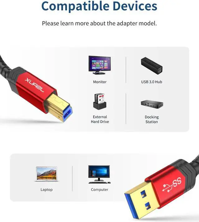 Alt view image 3 of 7 - JSAUX USB 3.0 Printer Cable, Type A Male to B 3.0 Male (10ft/3M) USB 3.0 Type B Upstream Cord Nylon Braided Compatible with Docking Station, External Hard Drivers, Scanner, Printer and More(Black)