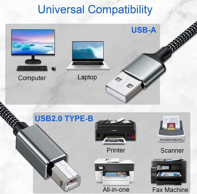Alt view image 2 of 7 - Printer Cable 10 FT USB A to B Cable 2.0 USB B Cable High-Speed Printer Cord High Speed Scanner Cord Compatible with HP Canon Dell Lexmark Xerox Epson Samsung and More (Grey)