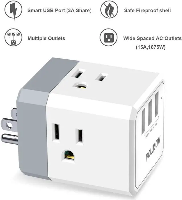 Alt view image 2 of 7 - 3-Outlet USB Wall Charger and Extender with 3-Way Splitter, ETL Listed - for Home, Office, Cruise Ship