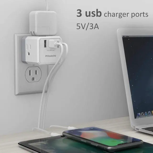 Alt view image 3 of 7 - 3-Outlet USB Wall Charger and Extender with 3-Way Splitter, ETL Listed - for Home, Office, Cruise Ship