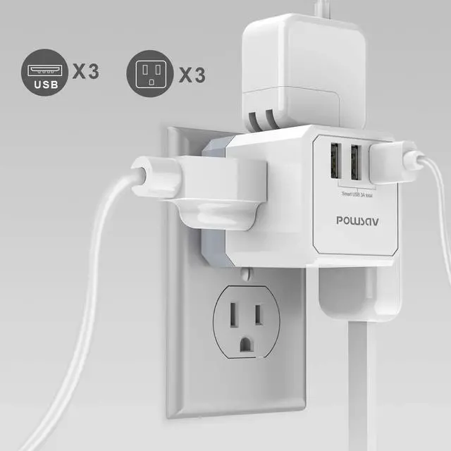 Alt view image 4 of 7 - 3-Outlet USB Wall Charger and Extender with 3-Way Splitter, ETL Listed - for Home, Office, Cruise Ship