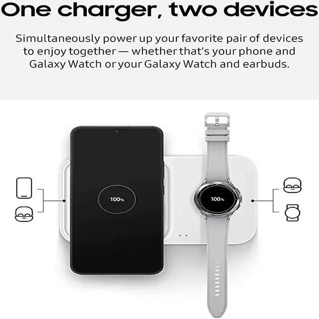 Alt view image 3 of 6 - Samsung Wireless Charger Dual Fast Charge Pad (2022) 15W, Universally Compatible with Qi Enabled Phones, and Samsung Watches, Wall Charger Included, White (US Version)
