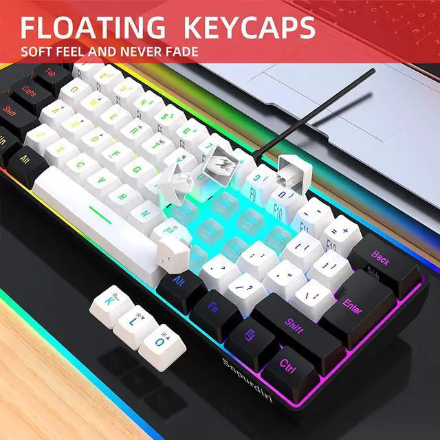 Alt view image 5 of 7 - Snpurdiri 60% Wired Gaming Keyboard, RGB Backlit Ultra-Compact Mini Keyboard, Waterproof Small Compact 61 Keys Keyboard for PC/Mac Gamer, Typist, Travel, Easy to Carry on Business Trip(Black-white)