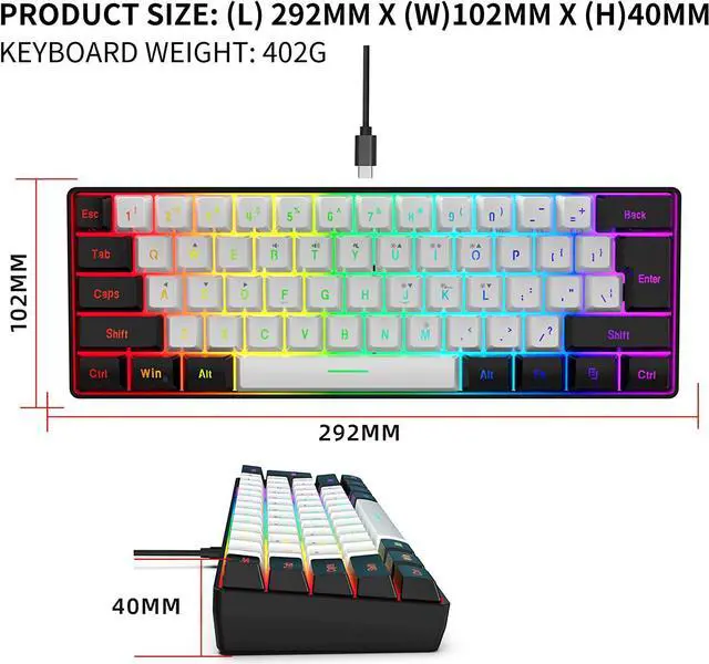 Alt view image 6 of 7 - Snpurdiri 60% Wired Gaming Keyboard, RGB Backlit Ultra-Compact Mini Keyboard, Waterproof Small Compact 61 Keys Keyboard for PC/Mac Gamer, Typist, Travel, Easy to Carry on Business Trip(Black-white)
