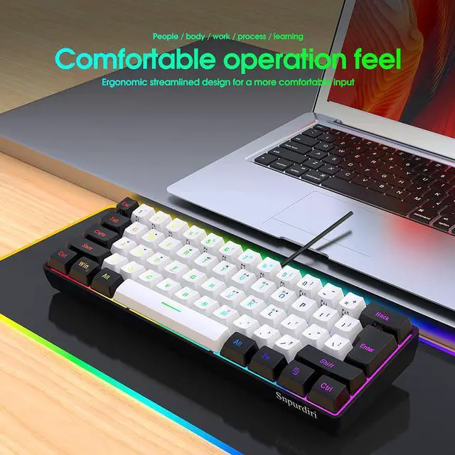Alt view image 7 of 7 - Snpurdiri 60% Wired Gaming Keyboard, RGB Backlit Ultra-Compact Mini Keyboard, Waterproof Small Compact 61 Keys Keyboard for PC/Mac Gamer, Typist, Travel, Easy to Carry on Business Trip(Black-White)