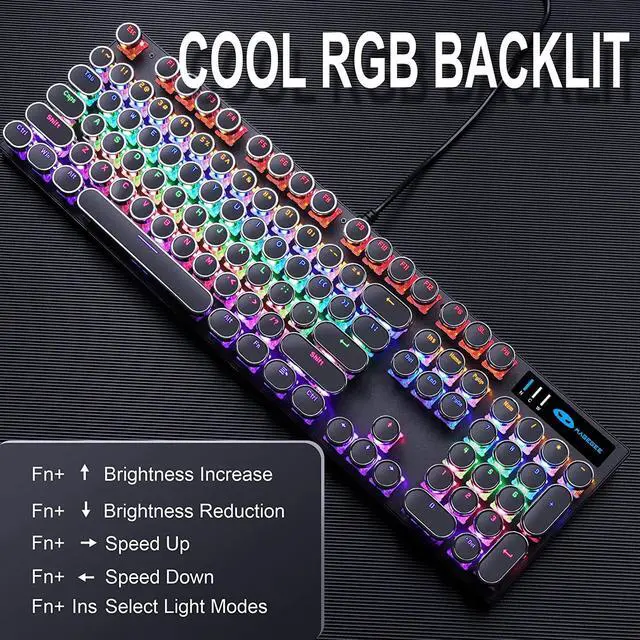 Alt view image 3 of 7 - Camiysn Typewriter Style Mechanical Gaming Keyboard, Black Retro Punk Gaming Keyboard with RGB Backlit, 104 Keys Blue Switch Wired Cute Keyboard, Round Keycaps for Windows/Mac/PC