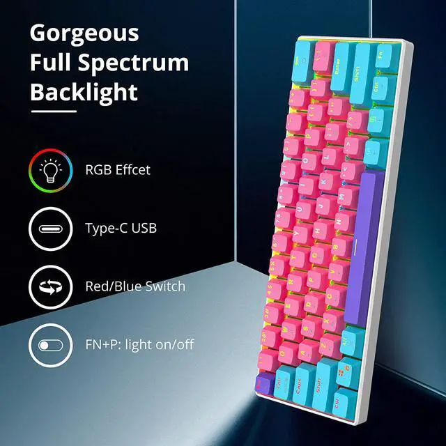 Alt view image 3 of 7 - Fogruaden 60% Mechanical Keyboard, 61 Keys Gaming Keyboard, RGB Backlit, Ultra-Compact 60 Percent Wired Keyboard for Win/Mac PC Gamer, Easy to Carry on Trip (Pink, Red Switch)