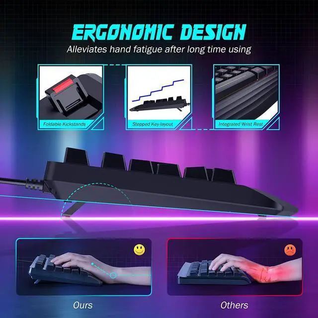 Alt view image 3 of 7 - Gaming Keyboard, 7-Color Rainbow LED Backlit, 104 Keys Quiet Light Up Keyboard, Wrist Rest, Whisper Silent, Anti-ghosting Multimedia Keys, Waterproof USB Wired Keyboard for PC Mac Xbox