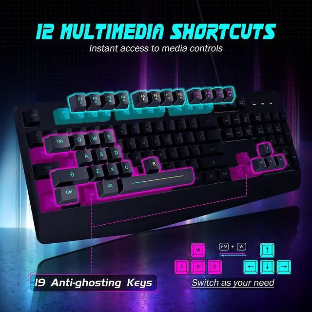 Alt view image 4 of 7 - Gaming Keyboard, 7-Color Rainbow LED Backlit, 104 Keys Quiet Light Up Keyboard, Wrist Rest, Whisper Silent, Anti-ghosting Multimedia Keys, Waterproof USB Wired Keyboard for PC Mac Xbox