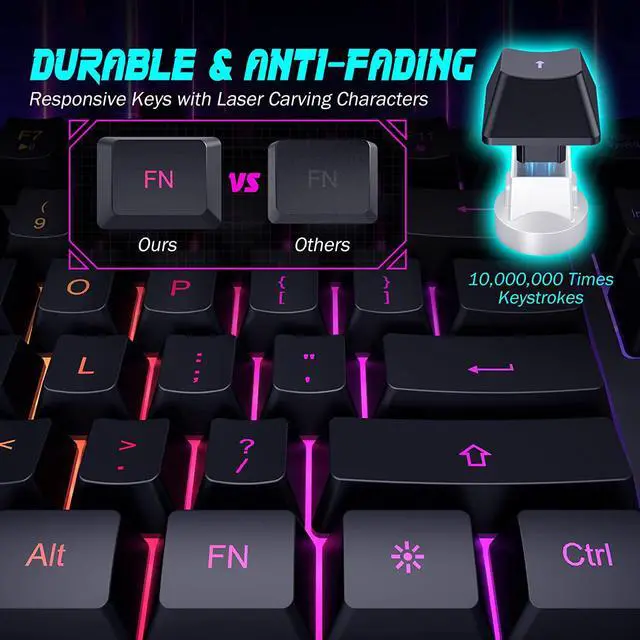 Alt view image 5 of 7 - Gaming Keyboard, 7-Color Rainbow LED Backlit, 104 Keys Quiet Light Up Keyboard, Wrist Rest, Whisper Silent, Anti-ghosting Multimedia Keys, Waterproof USB Wired Keyboard for PC Mac Xbox