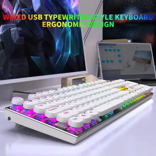 Alt view image 2 of 7 - HUO JI E-Yooso Z-88 Wired Typewriter Style Mechanical Gaming Keyboard, Programmable RGB Backlit, Blue Switches - Clicky, Detachable USB-C Cable, Retro 104 Keys for Mac, PC, White