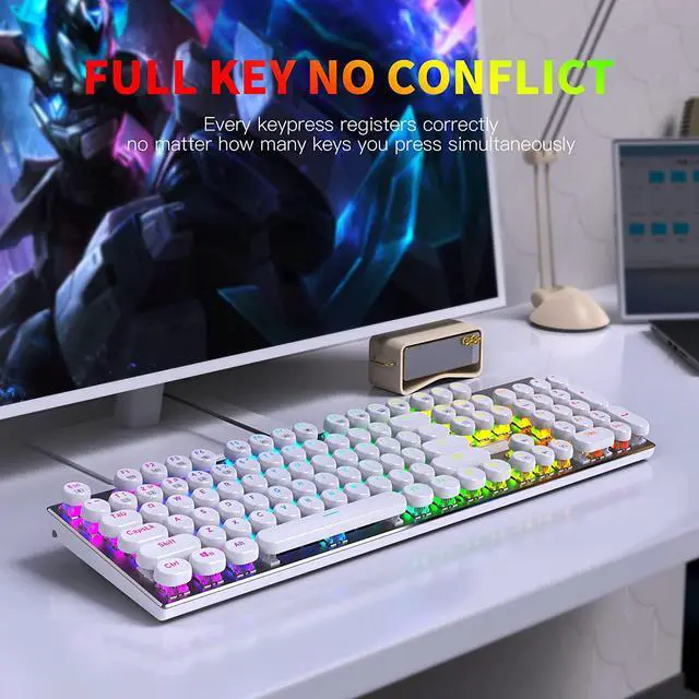 Alt view image 4 of 7 - HUO JI E-Yooso Z-88 Wired Typewriter Style Mechanical Gaming Keyboard, Programmable RGB Backlit, Blue Switches - Clicky, Detachable USB-C Cable, Retro 104 Keys for Mac, PC, White