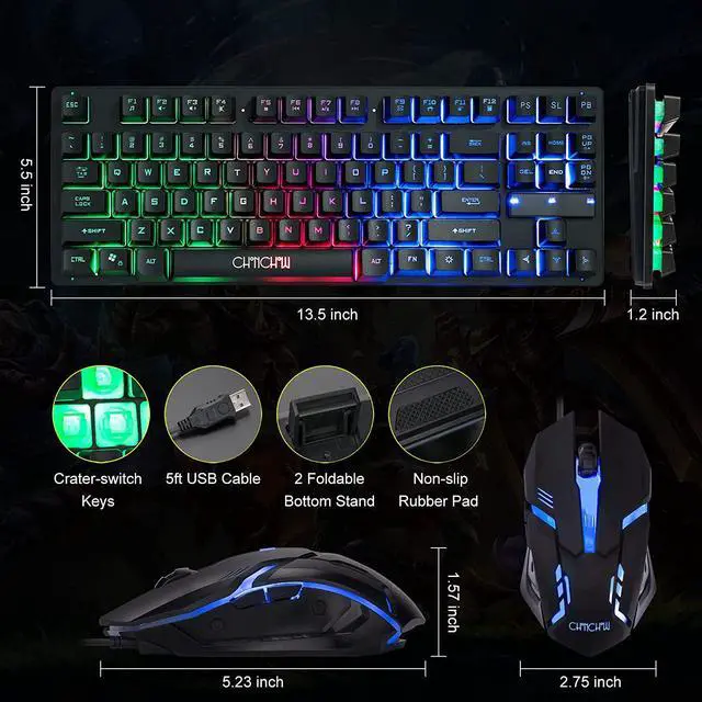 Alt view image 4 of 7 - 87 Keys TKL Gaming Keyboard and Mouse Combo, Wired LED Rainbow Backlit Keyboard 800-3200 DPI RGB Mouse, Gaming for PS4 Xbox PC Laptop Mac