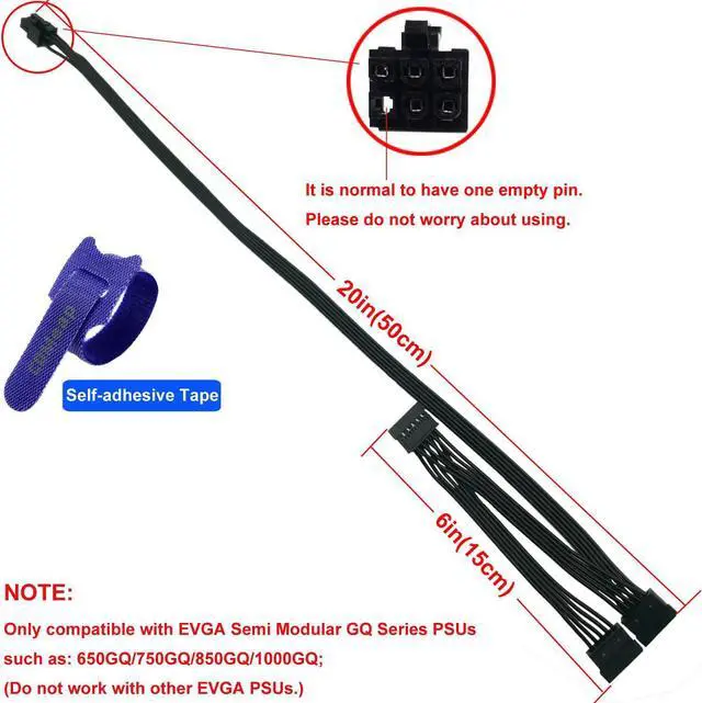 Alt view image 2 of 7 - COMeap SATA Power Cable for EVGA GQ Series Semi Modular PSUs, 6 Pin to 3X 15 Pin SATA Hard Drive Adapter Splitter 20-in(50cm)