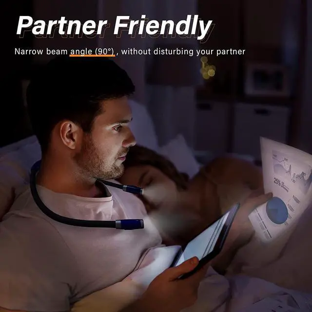 Alt view image 2 of 6 - Vekkia Rechargeable LED Neck Reading Light, Book Lights for Reading in Bed, 3 Brightness Levels, Flexible Soft Silicone Arms Comfortable Wear, Long Lasting. Perfect for Readers, Craft & Knitting