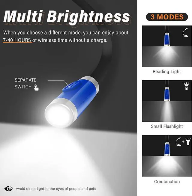 Alt view image 3 of 6 - Vekkia Rechargeable LED Neck Reading Light, Book Lights for Reading in Bed, 3 Brightness Levels, Flexible Soft Silicone Arms Comfortable Wear, Long Lasting. Perfect for Readers, Craft & Knitting