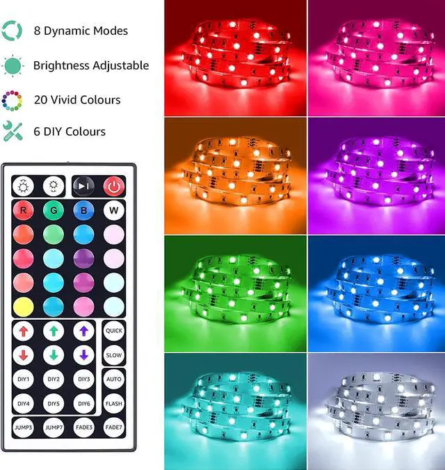 Alt view image 3 of 7 - LED Strip Lights 39.4Ft RGB LED Strips 5050 SMD LED Color Changing Strip Light with 44 Keys Remote Controller and 24V Power Supply Ideal for Christmas Decorations Bedroom Home TV Backlight