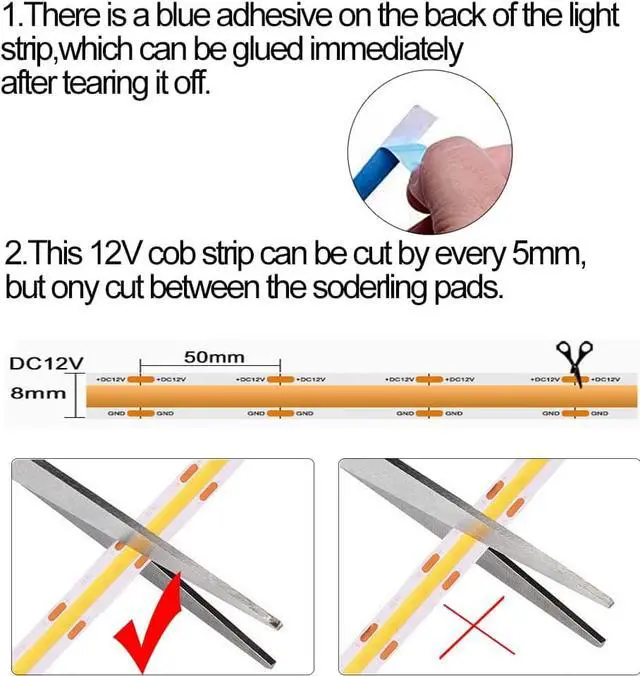 Alt view image 3 of 5 - COB LED Strip Lights Blue DC12V 16.4ft/5M 320leds/M CRI90 Bright Flexible LED Tape 8mm for Indoor Home Cabinet Bedroom Kitchen Stage Backlight DIY Lighting (Without Power Supply) (Blue)