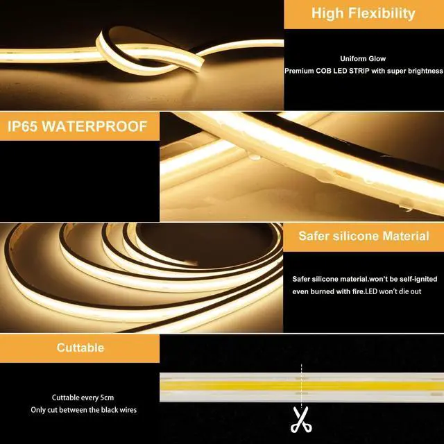 Alt view image 3 of 6 - COB LED Strip Lights 2700K Warm White 24V led Light Strips Waterproof 480LEDs/M 16.4ft/5M CRI90+ Outdoor cob led Ip67 led Strip for Bathroom Decor Pool Garden (Power Not Included)