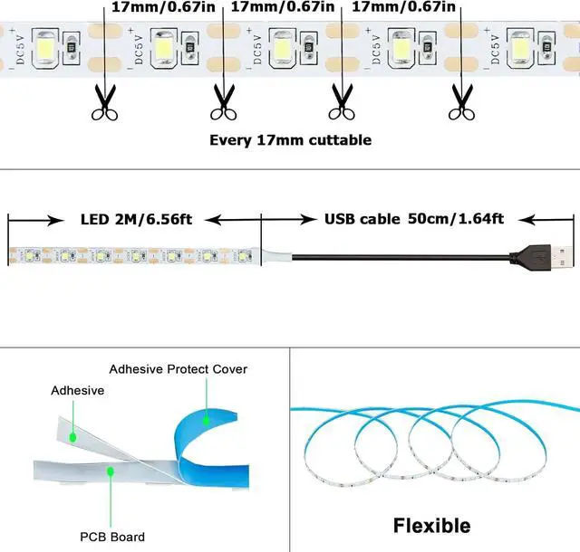 Alt view image 3 of 7 - USB LED Strip Light Cool White 6000K 5V USB Powered 13.12ft/4M 240LEDs Flexible SMD2835 High Brightness No-Waterproof IP20 LED Tape Lights(2pcs x 6.6ft)
