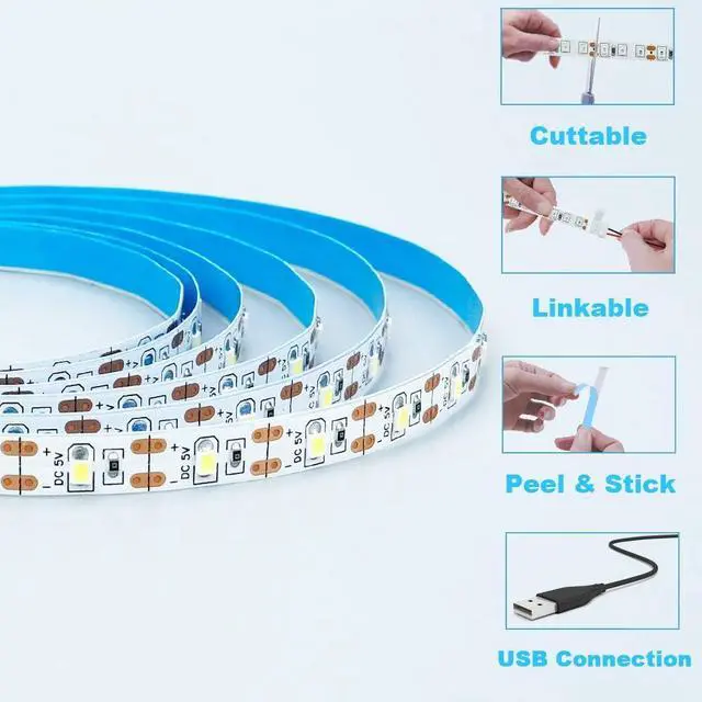 Alt view image 7 of 7 - USB LED Strip Light Cool White 6000K 5V USB Powered 13.12ft/4M 240LEDs Flexible SMD2835 High Brightness No-Waterproof IP20 LED Tape Lights(2pcs x 6.6ft)