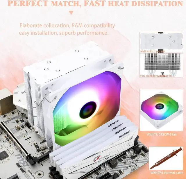 Alt view image 5 of 7 - Thermalright Assassin King 120 SE White ARGB CPU Air Cooler, AK120 SE White ARB, 5 Heatpipes, TL-C12CW-S PWM Quiet Fan CPU Cooler with S-FDB Bearing, for AMD AM4/AM5/Intel LGA1700/1150/1151/1200