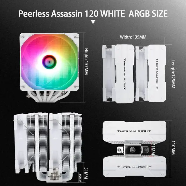 Alt view image 6 of 6 - Peerless Assassin 120 White ARGB CPU Air Cooler,6 Heat Pipes,TL-C12W-S PWM Fan,Aluminium Heatsink Cover, AGHP Technology,for AMD AM4/AM5/Intel LGA 1700/115X/1200/2011/1851