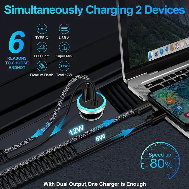 Alt view image 3 of 7 - USB C Car Charger,3.4A Fast Car Charging Lighter Adapter+3ft Type C Coiled Cable for Samsung Galaxy S25 S24 S23 A56 A36 A26 A16 A55 A35 A25 A15 A54 A14 A13 A23 A53 S22 S21 S20,Pixel 9 8a 8 Pro 7a 7 6