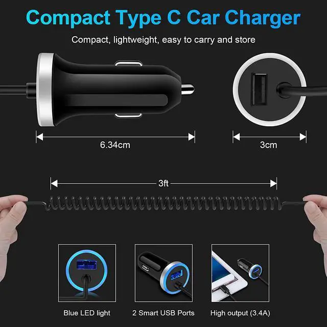 Alt view image 5 of 7 - USB C Car Charger,3.4A Fast Car Charging Lighter Adapter+3ft Type C Coiled Cable for Samsung Galaxy S25 S24 S23 A56 A36 A26 A16 A55 A35 A25 A15 A54 A14 A13 A23 A53 S22 S21 S20,Pixel 9 8a 8 Pro 7a 7 6