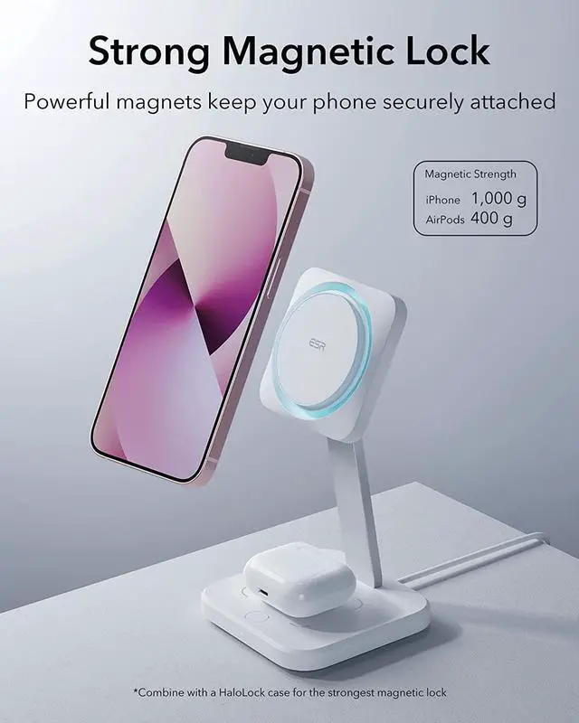 Alt view image 5 of 7 - ESR HaloLock 2-in-1 Wireless Charger with CryoBoost, Compatible with MagSafe Charger Stand, Phone-Cooling Fast Charging Compatible with iPhone 14/13/12, AirPods Pro/3/2, with Adapter, Arctic White