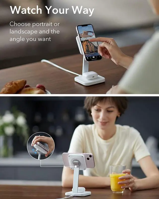 Alt view image 7 of 7 - ESR HaloLock 2-in-1 Wireless Charger with CryoBoost, Compatible with MagSafe Charger Stand, Phone-Cooling Fast Charging Compatible with iPhone 14/13/12, AirPods Pro/3/2, with Adapter, Arctic White