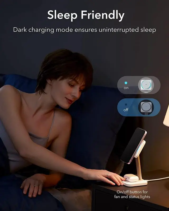 Alt view image 6 of 7 - ESR HaloLock 2-in-1 Wireless Charger with CryoBoost, Compatible with MagSafe Charger Stand, Phone-Cooling Fast Charging Compatible with iPhone 14/13/12, AirPods Pro/3/2, with Adapter, Arctic White