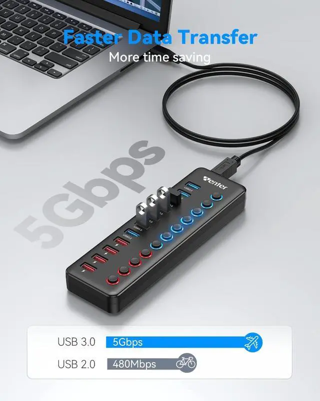 Alt view image 4 of 7 - Powered USB 3.0 Hub, Wenter 11-Port Hub Splitter (7 Faster Data Transfer Ports+ 4 Smart Charging Ports) with Individual LED On/Off Switches, Power Adapter for Mac, PC