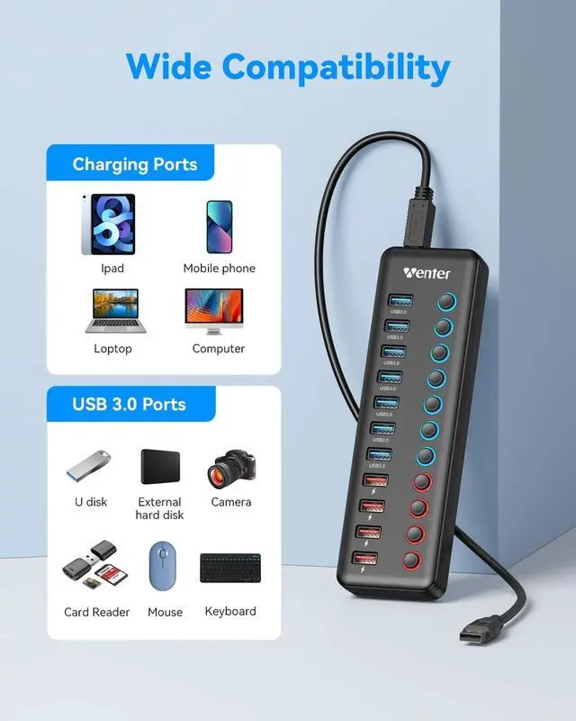 Alt view image 6 of 7 - Powered USB 3.0 Hub, Wenter 11-Port Hub Splitter (7 Faster Data Transfer Ports+ 4 Smart Charging Ports) with Individual LED On/Off Switches, Power Adapter for Mac, PC