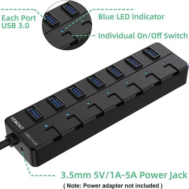 Alt view image 2 of 7 - USB hub,7 Port USB 3.0 Hub, 3.0 USB Splitter with Individual On/Off Switches and Lights, 4ft/1.2m Long Cable USB Extension for Laptop and PC Computer