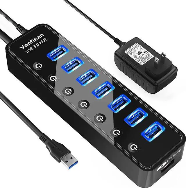Main image of USB Hub 3.0 Powered, 7 Ports USB Data Hub Splitter with One Smart Charging Port and 5V/4A Powered Adapter and ON/Off Switches for MacBook, Mac Pro/Mini, iMac, Surface Pro Laptop/PC
