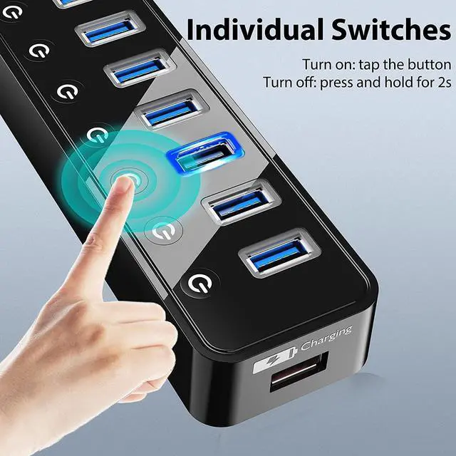 Alt view image 2 of 6 - USB Hub 3.0 Powered, 7 Ports USB Data Hub Splitter with One Smart Charging Port and 5V/4A Powered Adapter and ON/Off Switches for MacBook, Mac Pro/Mini, iMac, Surface Pro Laptop/PC